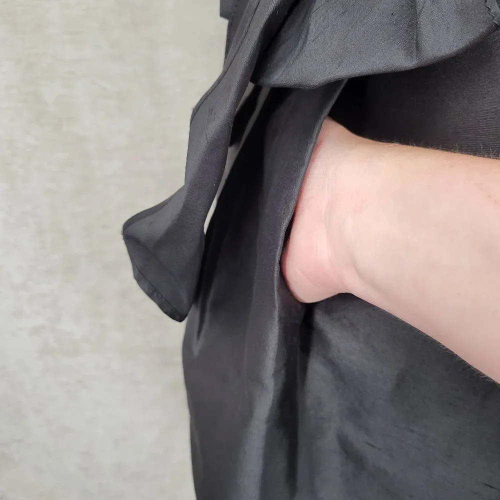 Trina Turk Silk Crepe Black A-Line Pleated Midi Skirt Bow Ties Waist Pockets